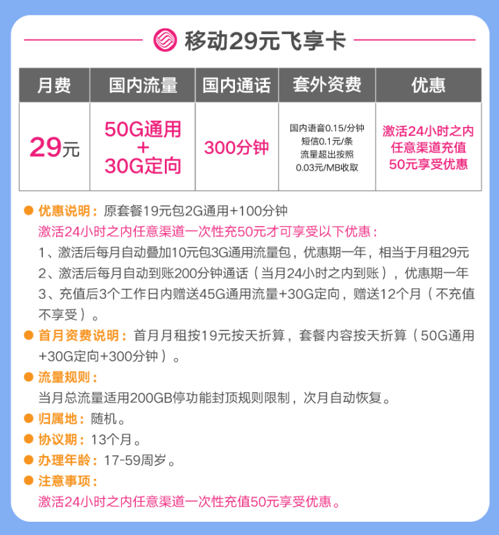 青海移动飞享卡(29元月租50G全国流量+30G定向+300分钟通话)